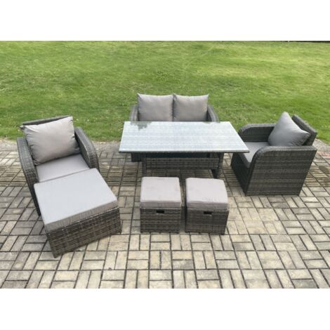 Fimous Ensemble de meubles de jardin en rotin Table à manger rectangulaire et Fauteuil Canapé avec 3 Repose-pieds Gris foncé mélangé