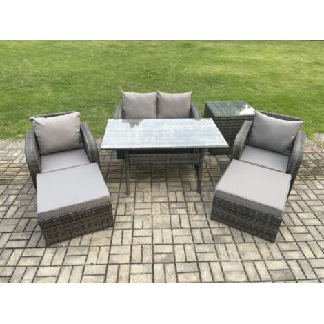 Fimous Ensemble de meubles de jardin en rotin Table à manger rectangulaire et Fauteuil Canapé avec Table d'appoint 2 Grands Tabourets Gris foncé mélangé