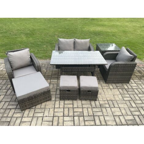 Fimous Ensemble de meubles de jardin en rotin Table à manger rectangulaire et Fauteuil Canapé avec Table d'appoint 3 Repose-pieds Gris foncé mélangé
