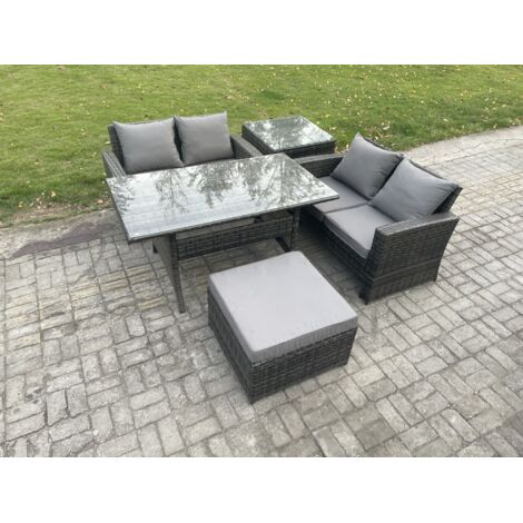 Fimous Ensemble de meubles de jardin en rotin  Table à manger rectangulaire Grands Tabouret Table d'appoint Gris foncé mélangé