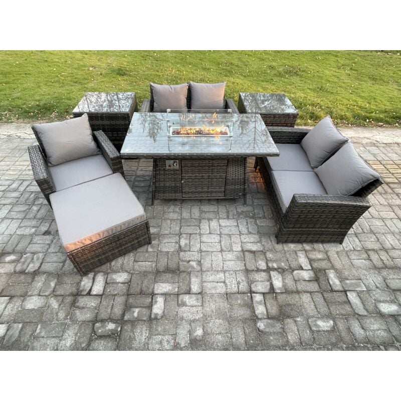 Fimous Ensemble de meubles de jardin en rotin Table de foyer à gaz Sets Chauffage au gaz ave Canapé d'amour Chaise 2 Table d'appoint Grand Tabouret 6