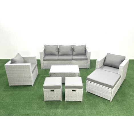 Fimous Ensemble de meubles d'extérieur en rotin avec Table basse rectangulaire 2 Chaises 3 Tabourets Gris clair mixte
