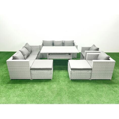 Fimous Ensemble de mobilier de jardin 10 places avec table de salle à manger 2 Fauteuils 2 Grands Tabourets Gris clair mélangé