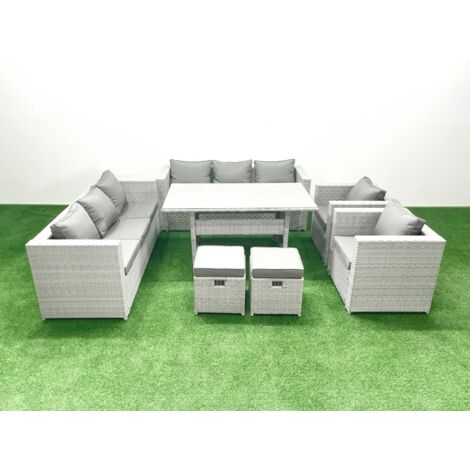 Fimous Ensemble de mobilier de jardin 10 places avec table de salle à manger 2 Fauteuils 2 Petits repose-pieds Gris clair mélangé