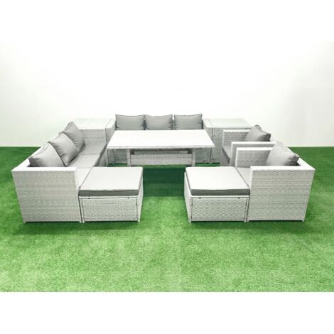 Fimous Ensemble de mobilier de jardin 10 places avec table de salle à manger 2 Fauteuils 2 Tables d'appoint 2 Grands Tabourets Gris clair mélangé