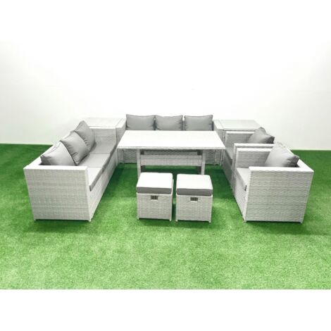 Fimous Ensemble de mobilier de jardin 10 places avec table de salle à manger 2 Fauteuils 2 Tables d'appoint 2 Petits repose-pieds Gris clair mélangé