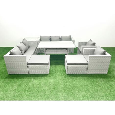 Fimous Ensemble de mobilier de jardin 10 places avec table de salle à manger 2 Fauteuils Table d'appoint 2 Grands Tabourets Gris clair mélangé