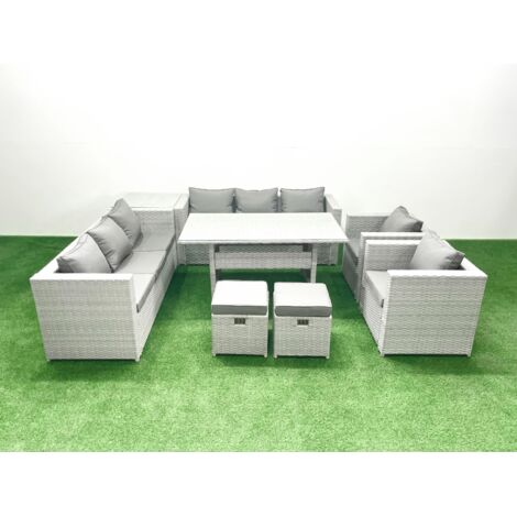 Fimous Ensemble de mobilier de jardin 10 places avec table de salle à manger 2 Fauteuils Table d'appoint 2 Petits repose-pieds Gris clair mélangé