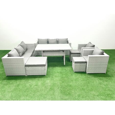 Fimous Ensemble de mobilier de jardin 11 places avec table de salle à manger 2 Fauteuils 3 Repose-pieds Gris clair mélangé