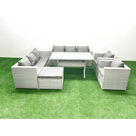Fimous Ensemble de mobilier de jardin 9 places avec table de salle à manger 2 Fauteuils Grands Tabouret Gris clair mélangé