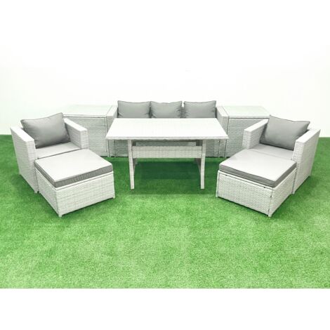 Fimous Ensemble de mobilier de jardin avec Canapé Table à manger 2 Fauteuils 2 Grands Tabourets 2 Tables d'appoint Gris clair mélangé