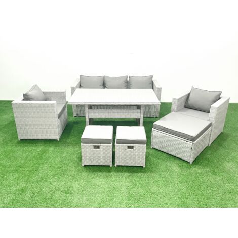 Fimous Ensemble de mobilier de jardin avec Canapé Table à manger 2 Fauteuils 3 Repose-pieds Gris clair mélangé