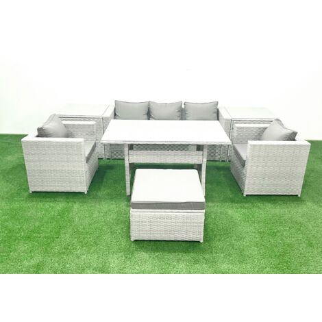 Fimous Ensemble de mobilier de jardin avec Canapé Table à manger 2 Fauteuils Grands Tabouret 2 Tables d'appoint Gris clair mélangé