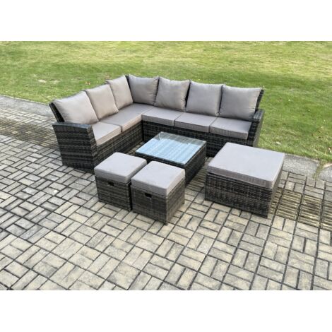 Fimous Ensemble de mobilier de jardin avec Table basse carrée  3 Repose-pieds 9 places Gris foncé mélangé