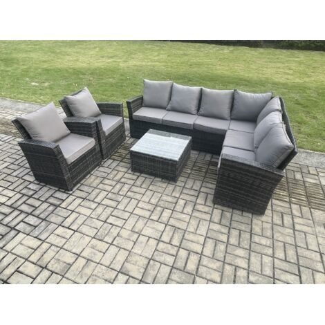 Fimous Ensemble de mobilier de jardin Canapé d'angle avec Table basse carrée  2 Fauteuils 8 places Gris foncé mélangé
