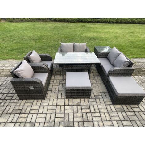 Fimous Ensemble de mobilier de jardin d'extérieur 8 Teil Gris 8 places Canapé avec Table Rectangulaire Fauteuil Inclinablen 2 Grand repose-pieds Table d'appoint