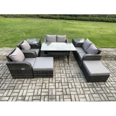 Fimous Ensemble de mobilier de jardin d'extérieur 9 Teil Gris ccavec Table Rectangulaire Fauteuil Inclinablen 2 Grand repose-pieds 2 Tables d'appoint