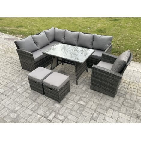 Fimous Ensemble de mobilier de jardin d'extérieur avec Table à manger oblongue 2 Petits repose-pieds Fauteuil 9 places Gris foncé mélangé