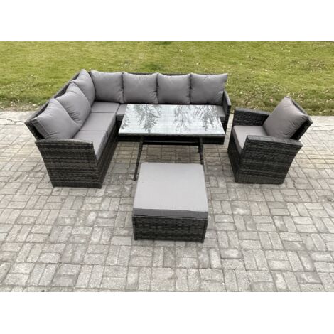 Fimous Ensemble de mobilier de jardin d'extérieur avec Table à manger oblongue Grands Tabouret Fauteuils Gris foncé mélangé