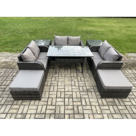 Fimous Ensemble de mobilier de jardin d'extérieur Canapé avec Table à manger rectangulaire 2 Grands Tabourets 2 Tables d'appoint