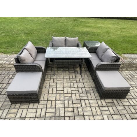 Fimous Ensemble de mobilier de jardin d'extérieur Canapé avec Table à manger rectangulaire 2 Grands Tabourets Table d'appoint