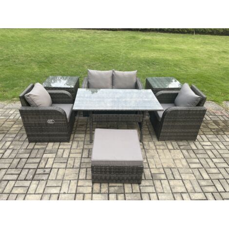 Fimous Ensemble de mobilier de jardin d'extérieur Canapé avec Table à manger rectangulaire 2 PC Fauteuil Inclinable 2 PC Table d'appoint Grands Tabouret