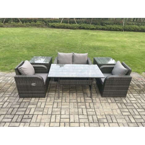 Fimous Ensemble de mobilier de jardin d'extérieur Canapé avec Table à manger rectangulaire 2 PC Fauteuil Inclinable 2 PC Table d'appointen
