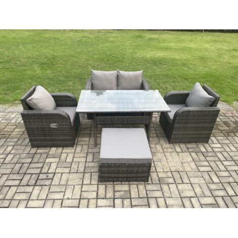 Fimous Ensemble de mobilier de jardin d'extérieur Canapé avec Table à manger rectangulaire 2 PC Fauteuil Inclinable Grands Tabouret