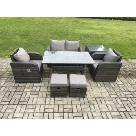 Fimous Ensemble de mobilier de jardin d'extérieur Canapé avec Table à manger rectangulaire 2 PC Fauteuil Inclinable Table d'appoint 2 Petit tabouret