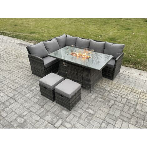 Fimous Ensemble de mobilier de jardin d'extérieur Canapé d'angle à dossier haut Table avec foyer à gaz avec 2 Petits repose-pieds 8 places Gris foncé mélangé