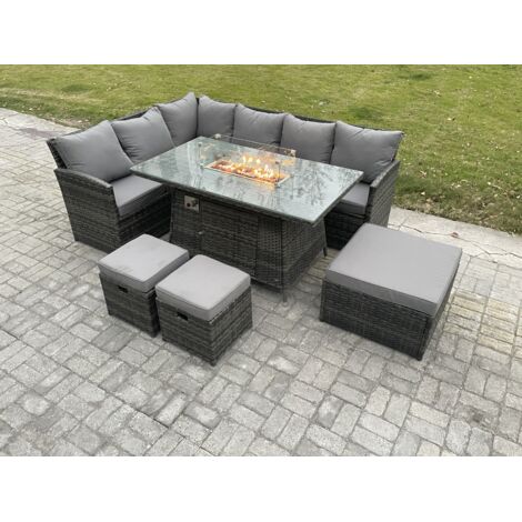 Fimous Ensemble de mobilier de jardin d'extérieur Canapé d'angle à dossier haut Table avec foyer à gaz avec 3 Repose-pieds 9 places Gris foncé mélangé