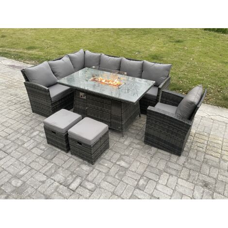 Fimous Ensemble de mobilier de jardin d'extérieur Canapé d'angle à dossier haut Table avec foyer à gaz avec Fauteuils 2 Petits repose-pieds 9 places Gris foncé mélangé