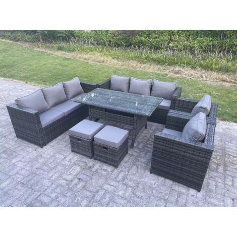 Fimous Ensemble de mobilier de jardin d'extérieur Table à manger rectangulaire avec 2 Fauteuils 2 Petits repose-pieds 10 places Gris foncé mélangé