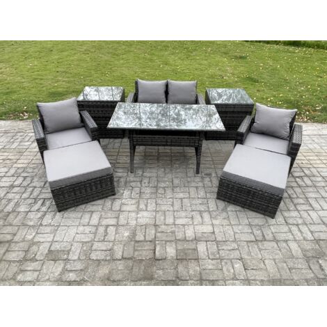 Fimous Ensemble de mobilier de jardin d'extérieur Table à manger rectangulaire avec DoppelsitzCanapé Fauteuils 2 Grands Tabourets 2 Tables d'appoint 6 places Gris foncé mélangé