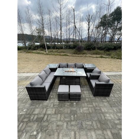 Fimous – Ensemble salon de jardin 10 places en rotin PE – Table à manger 140x80cm avec foyer au gaz – 2 tables basses et chaises – Gris foncé
