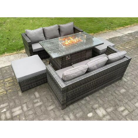Fimous – Ensemble table et chaise de jardin 8 places – Rotin gris foncé – Table à manger foyer à gaz 140x80cm – 2 canapés 3 places et 2 grands tabourets