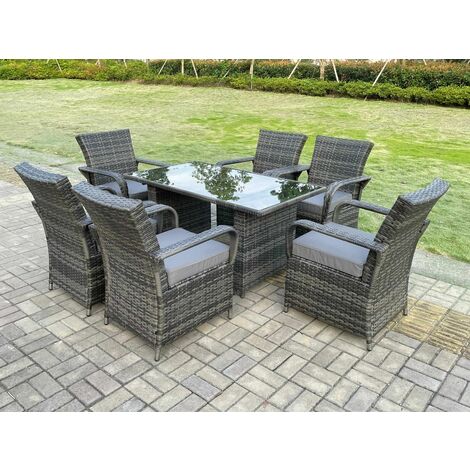 Fimous – Ensemble table et chaises de jardin 6 places – Rotin PE et acier – Table rectangulaire 140x80cm – Chaises avec coussins gris foncé lavables