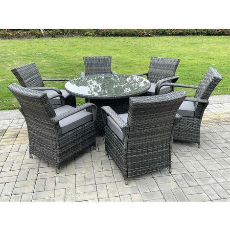 Fimous – Ensemble table et chaises de jardin 6 places – Rotin PE et acier – Table ronde 120cm avec verre trempé – Coussin gris foncé lavable