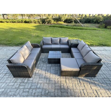 Fimous Ensembles de meubles de jardin 10 places Ensemble de canapés en rotin avec Table basse carrée Grand tabouret Table d'appoint