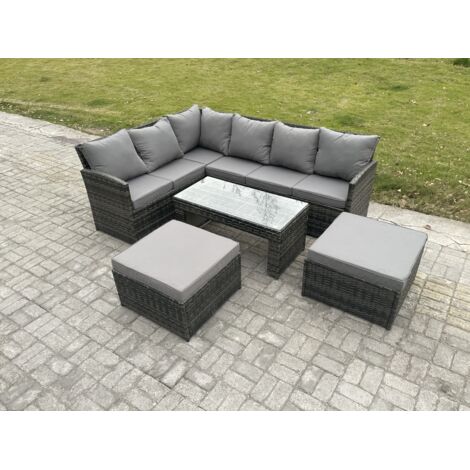 Fimous Ensembles de meubles de jardin en rotin Canapé d'angle à dossier haut Table basse rectangulaire avec 2 Grands Tabourets Gris foncé mélangé