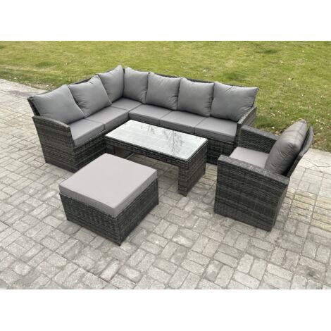 Fimous Ensembles de meubles de jardin en rotin Canapé d'angle à dossier haut Table basse rectangulaire avec Grands Tabouret Fauteuils Gris foncé mélangé