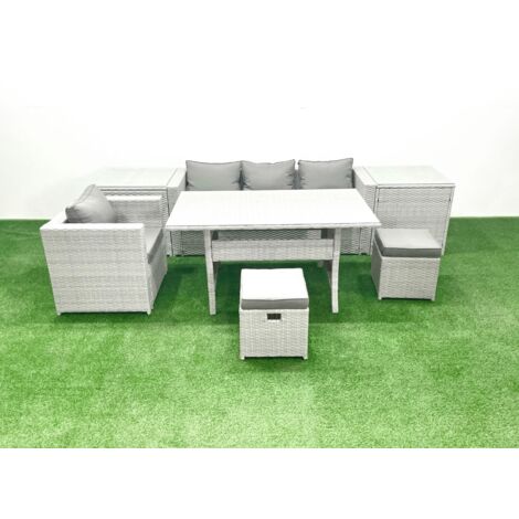 Fimous Ensembles de salons de jardin 6 places Ensemble canapé et table à manger avec 2 Petits repose-pieds 2 Tables d'appoint Gris clair mélangé