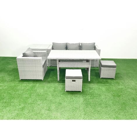 Fimous Ensembles de salons de jardin 6 places Ensemble canapé et table à manger avec 2 Petits repose-pieds Table d'appoint Gris clair mélangé