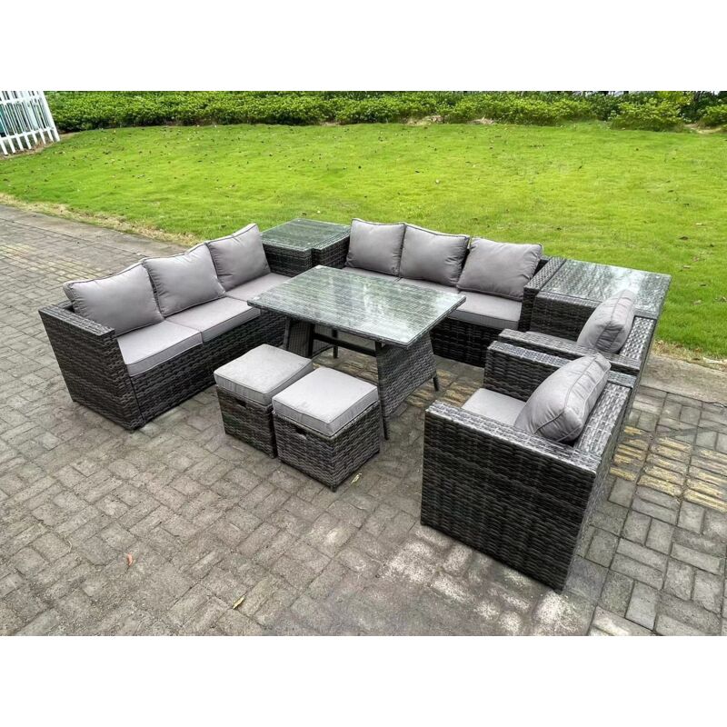 Ensembles de salons de jardin avec Table à manger 2 Tables d'appoint 2 Petits tabourets 2 Fauteuil 10 places Gris foncé mixte - Fimous