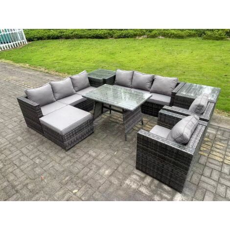 Fimous Ensembles de salons de jardin avec Table à manger 2 Tables d'appoint Grand tabouret Fauteuil 9 places Gris foncé mixte