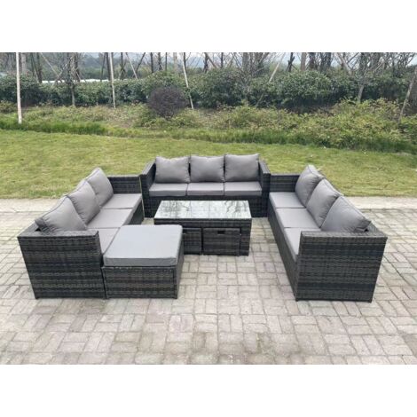Fimous Extérieur en rotin salon de jardin canapé avec Table basse rectagulaire grand repose-pieds et 2 petits tabourets