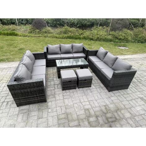 Fimous Extérieur en rotin salon de jardin canapé ensemble avec Table basse rectagulaire 2 tabourets