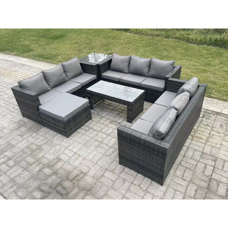Extérieur en rotin salon de jardin canapé ensemble avec Table basse rectagulaire grand repose-pieds et Table d'appoint - Fimous