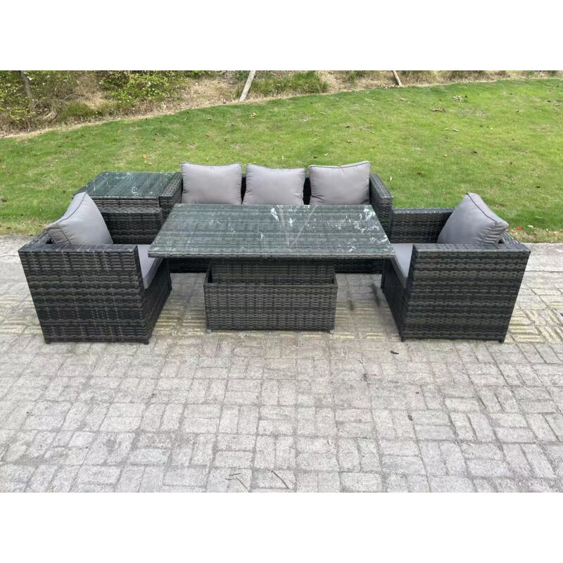 Extérieur Rotin Meubles De Jardin Canapé Ensemble Patio Table à Manger Réglable avec Table D'appoint 2 Fauteuils Hybride Gris Foncé - Fimous