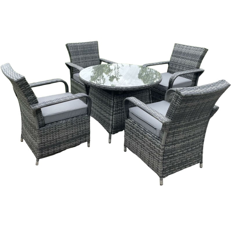 Extérieur rotin meubles de jardin table à manger et chaises Wicker patio 4 chaises plus table ronde en verre trempé transparent - Fimous